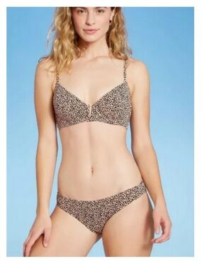 Shade & Shore Leopard Print Wireless Swim Bra & Bikini Bottoms - Nude/Black